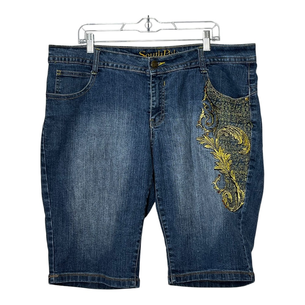 Southpole Womens Blue Denim Bermuda Shorts Gold Embroidered Rhinestone Size 20